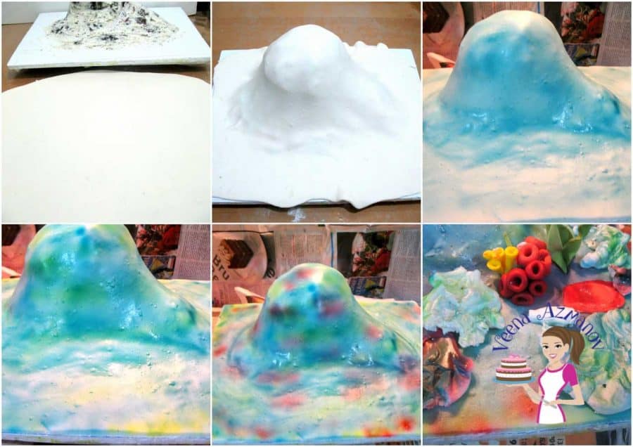Progress photos of how to make a gum paste coral for ocean theme cakes.