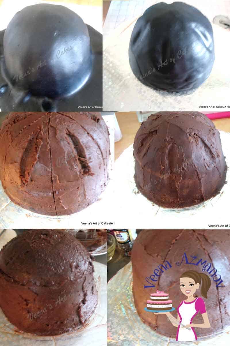 Progress photos of making a cake decorated to look like a New York Yankees baseball cap.