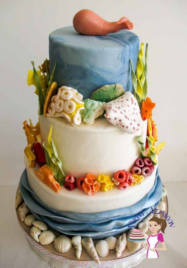 A three-tier ocean theme cake.