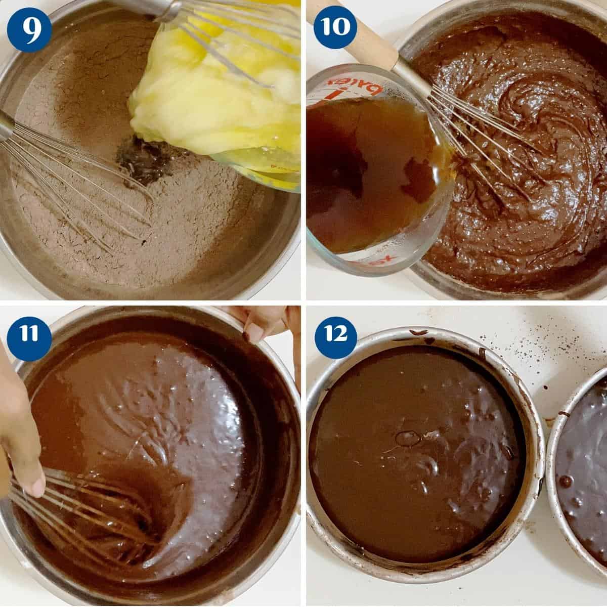 Progress pictures combine wet to dry ingredients for chocolate cake.