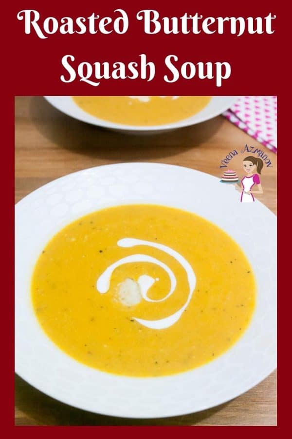 A Pinterest optimized image for this roasted butternut squash soup with a step by step video tutorial.