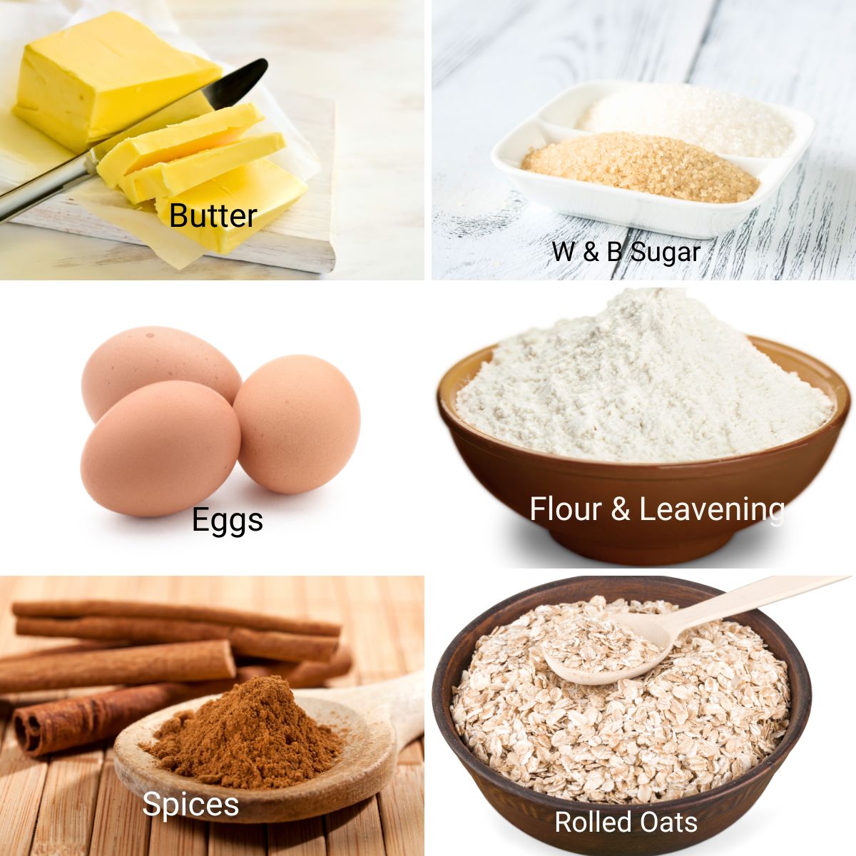 Ingredients for making oatmeal cookies.