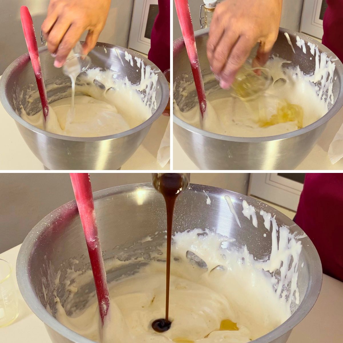 Adding oil, milk, vanilla for sponge cake.