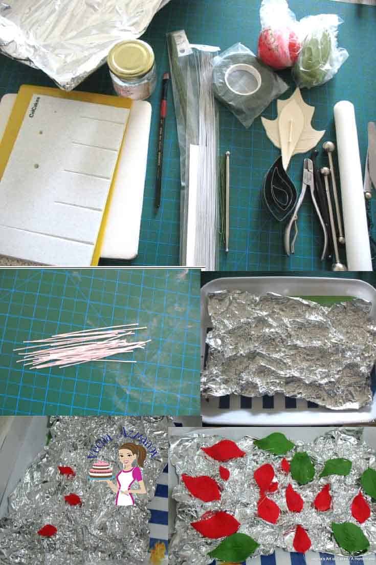 The tools needed for making a gum paste poinsettia flower.