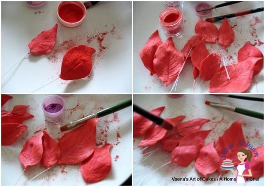 Progress photos of making a gum paste poinsettia flower.