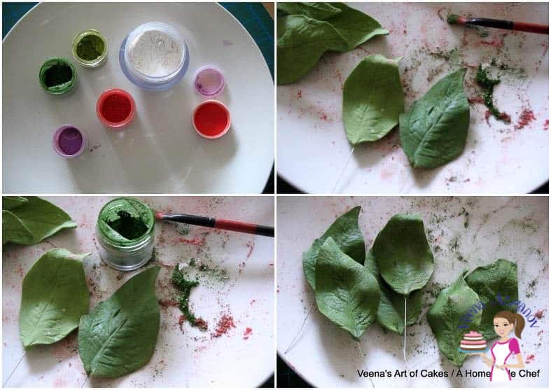 Progress photos of making a gum paste poinsettia flower.