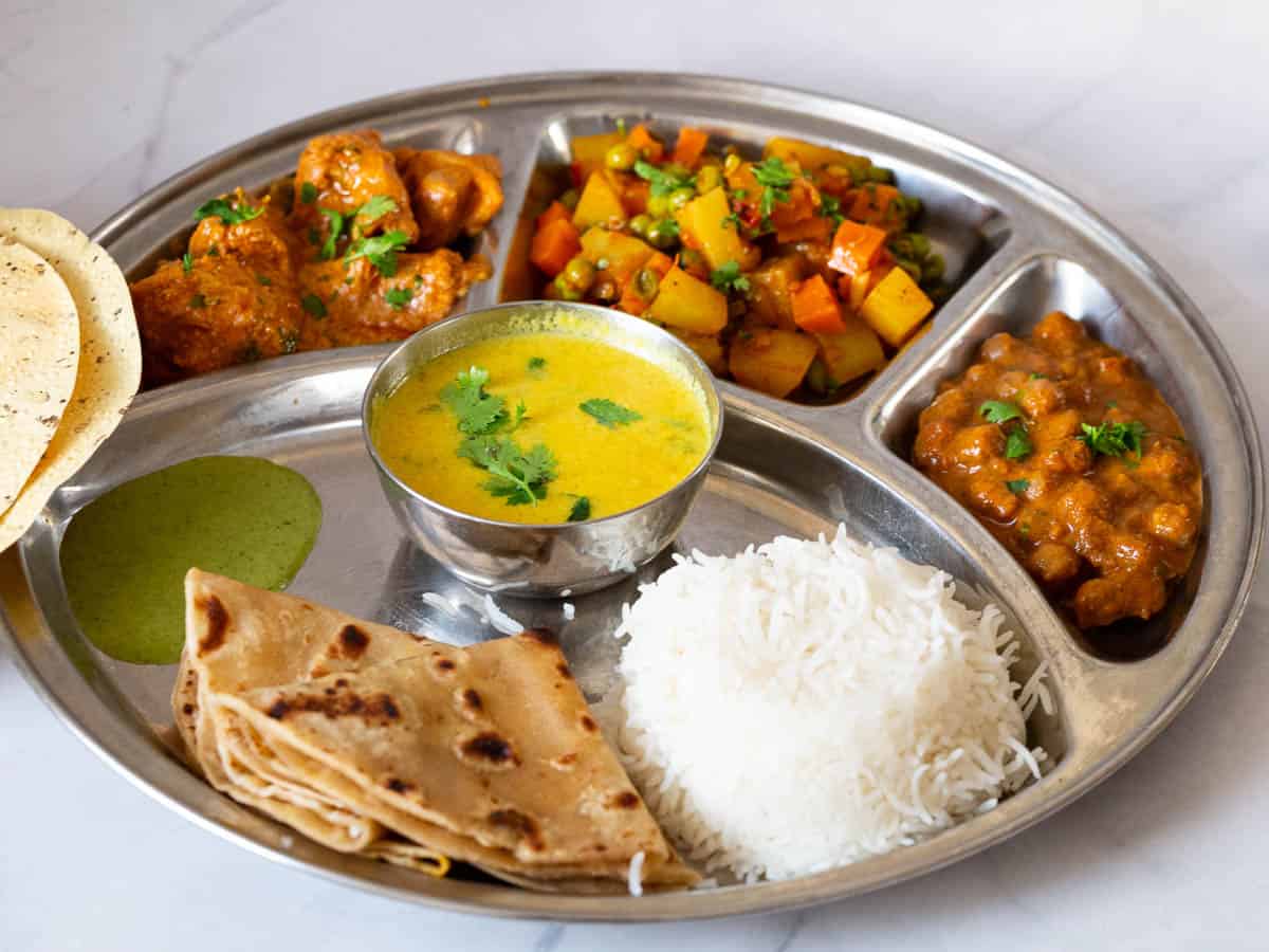 A thali with Indian dishes.