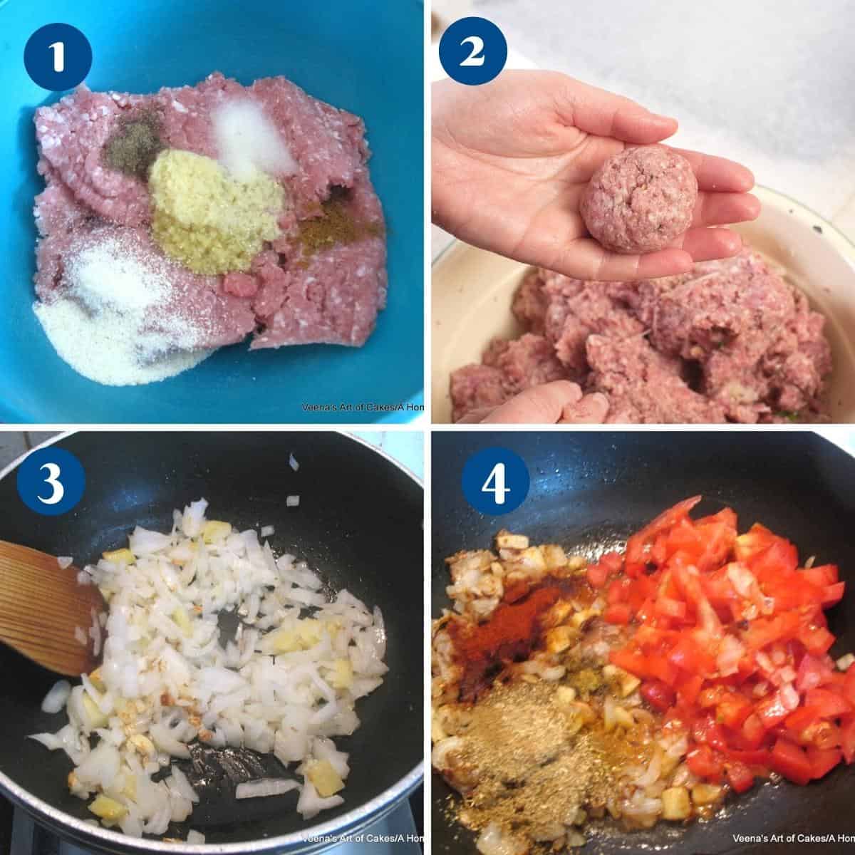 Progress pictures collage for meatball curry.