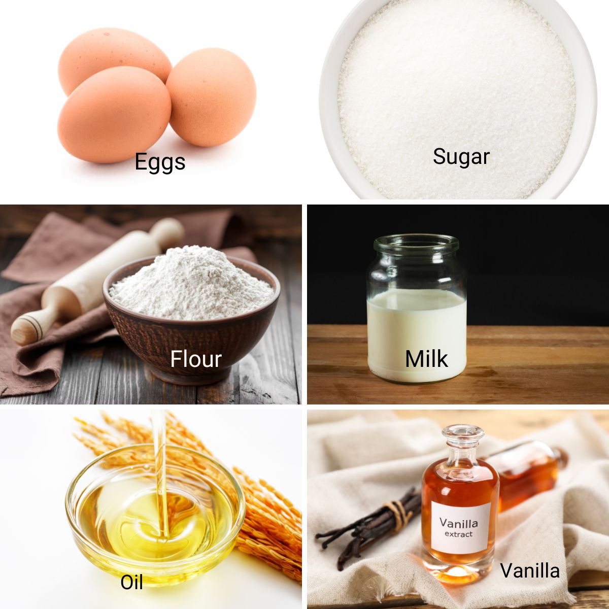 Ingredients for making a light sponge cake.
