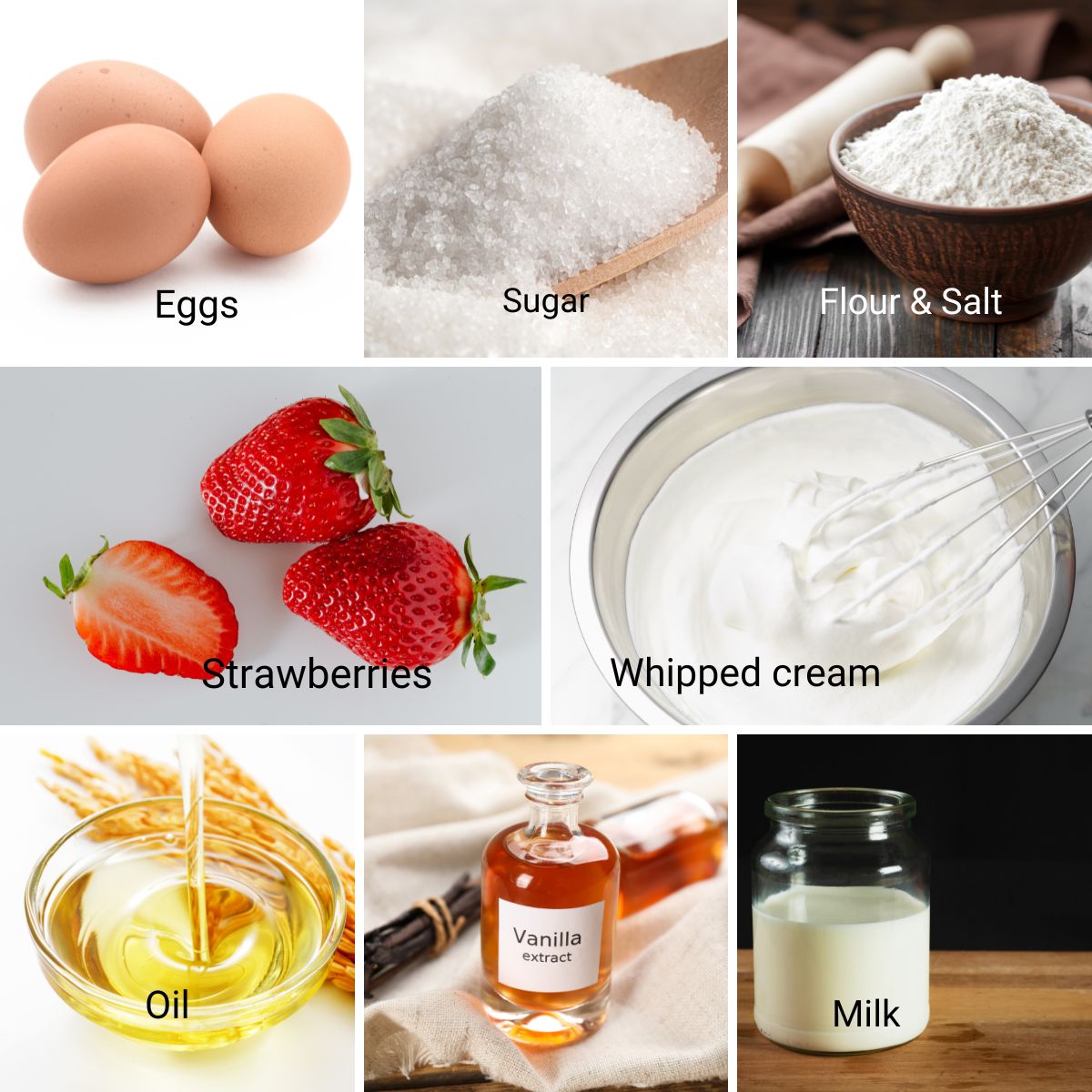 Ingredients for making a strawberry cream cake.