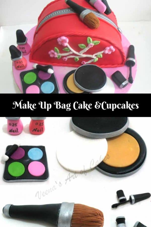 A cake decorated to look like a makeup bag.