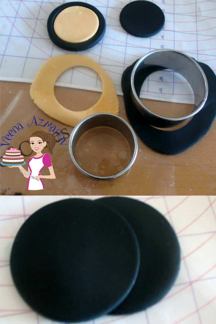 Progress photos of making a cake and toppers decorated like a makeup bag and accessories.