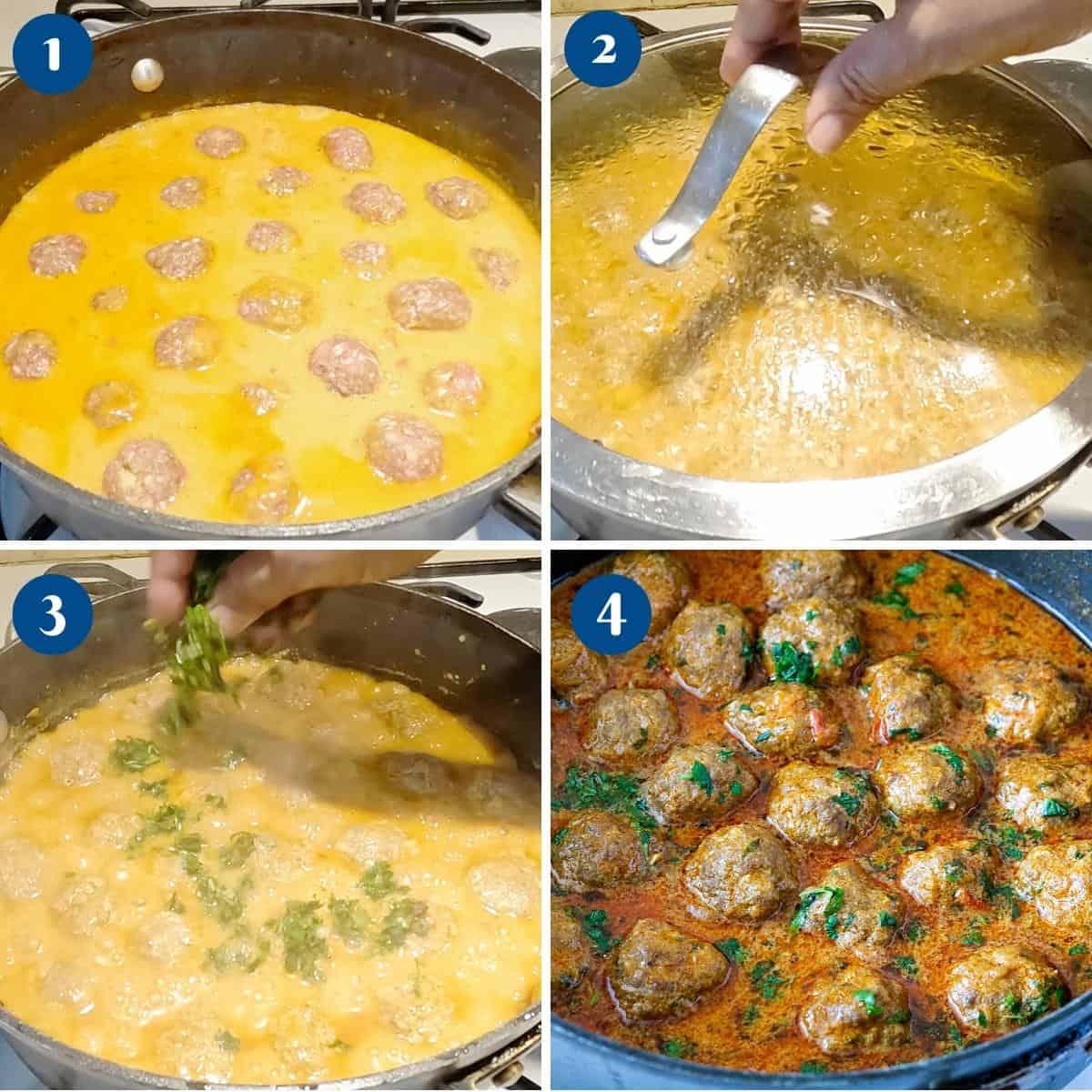 Progress pictures for cooking meatballs.