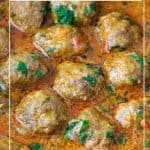 Pinterest image with Indian curry and meatballs.