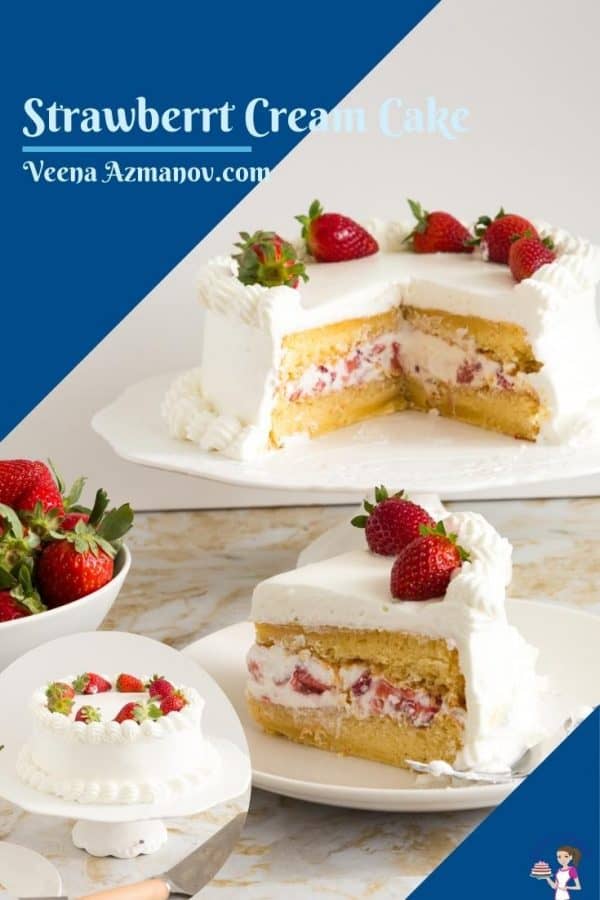Pinterest image for strawberry cream cake