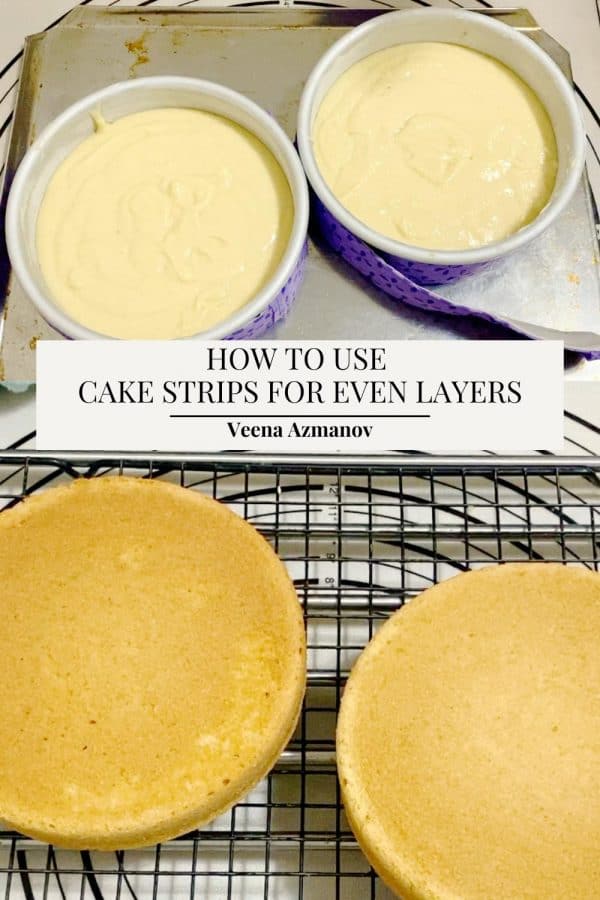 Pinterest image for cake strips to make even cake layers.