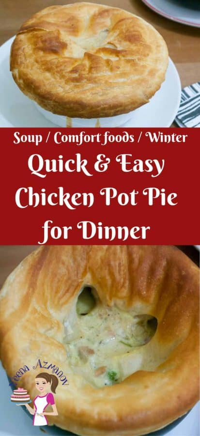 An image optimized for social media share for this quick and easy chicken pot pie recipe made using puff pastry for an easy semi-homemade recipe in 40 mins.