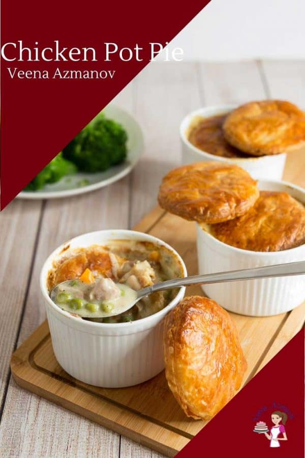 Chicken Pie Soup with carrots, celery, peas and topped with classic puff pastry