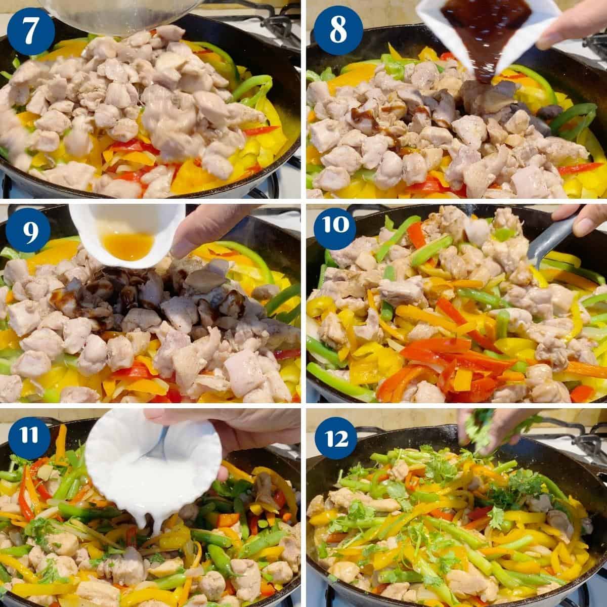 Progress Pictures A large skillet with chicken, veggies and stir fry sauces.