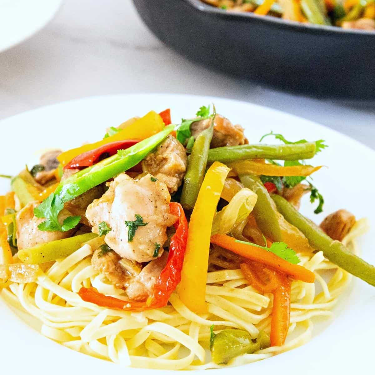 Stir Fry over boiled noodles in a plate.