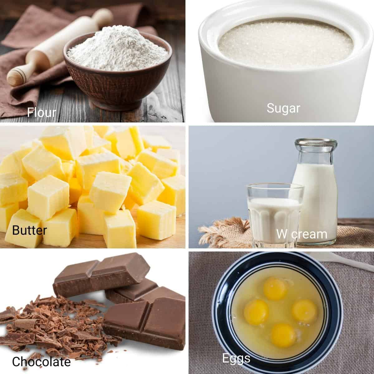 Ingredients shot collage for chocolate cake flourless.