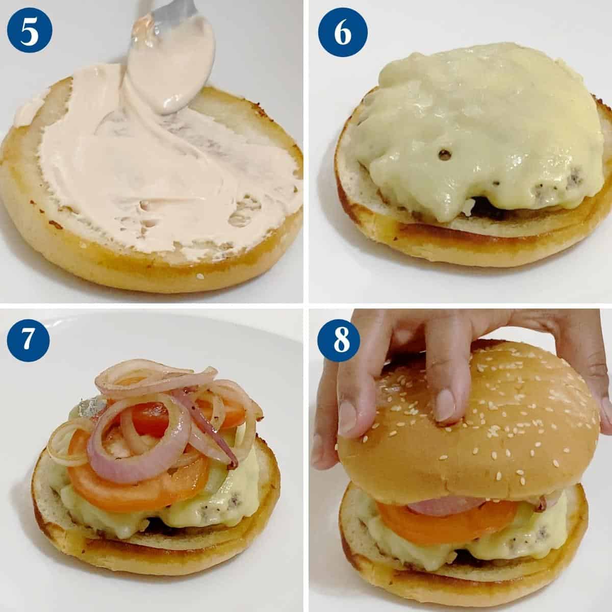 Progress pictures how to stack a burger.