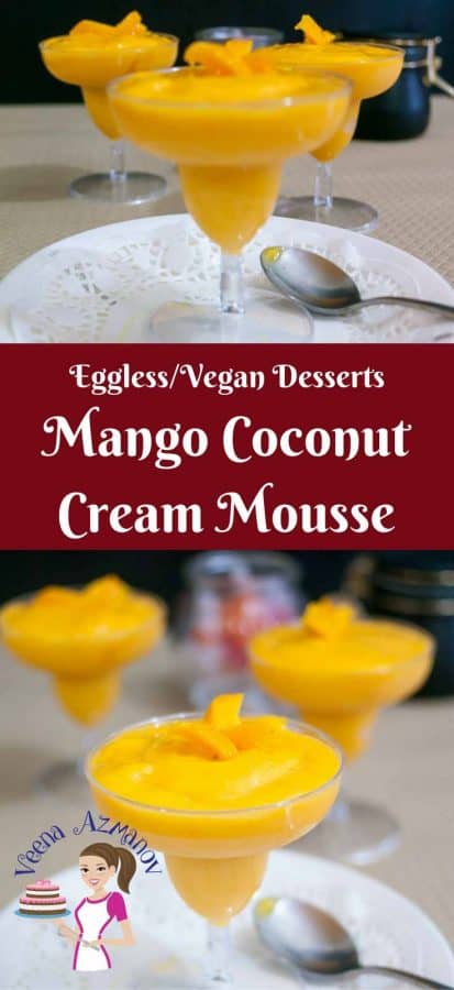 This vegan mango mousse is basically a mango coconut cream mousse made with just four simple ingredients. Weather you use fresh, frozen or canned mangoes this mango mousse is a treat you can enjoy any time of the year. 