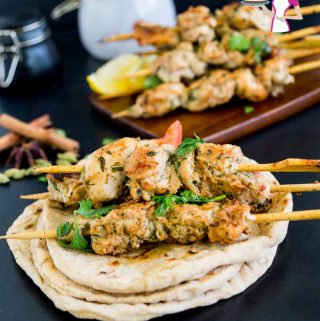 A Pinterest optimized image for Chicken Malai Kebabs aka Creamy Chicken Kebabs known in most Indian restaurants as Murg Malai Kebabs