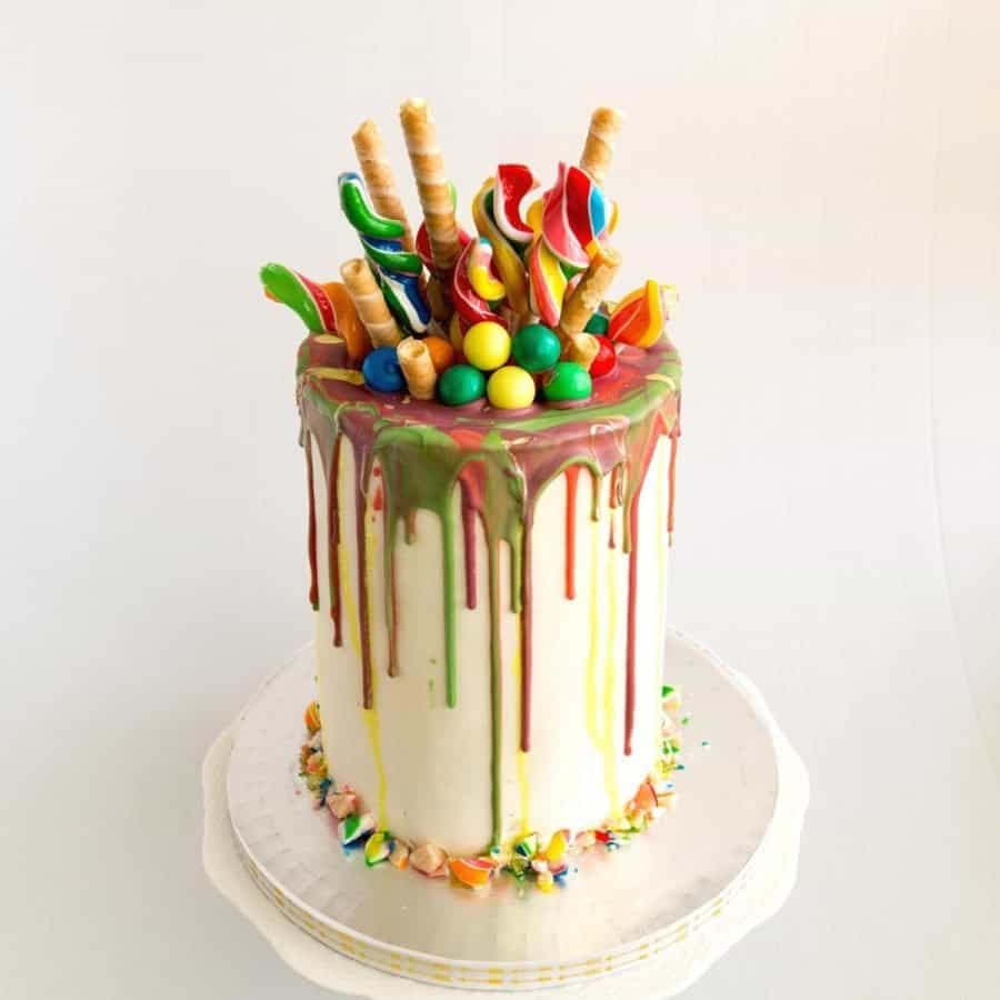 Rainbow cake with chocolate ganache drip.