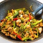 A skillet with stir fry.