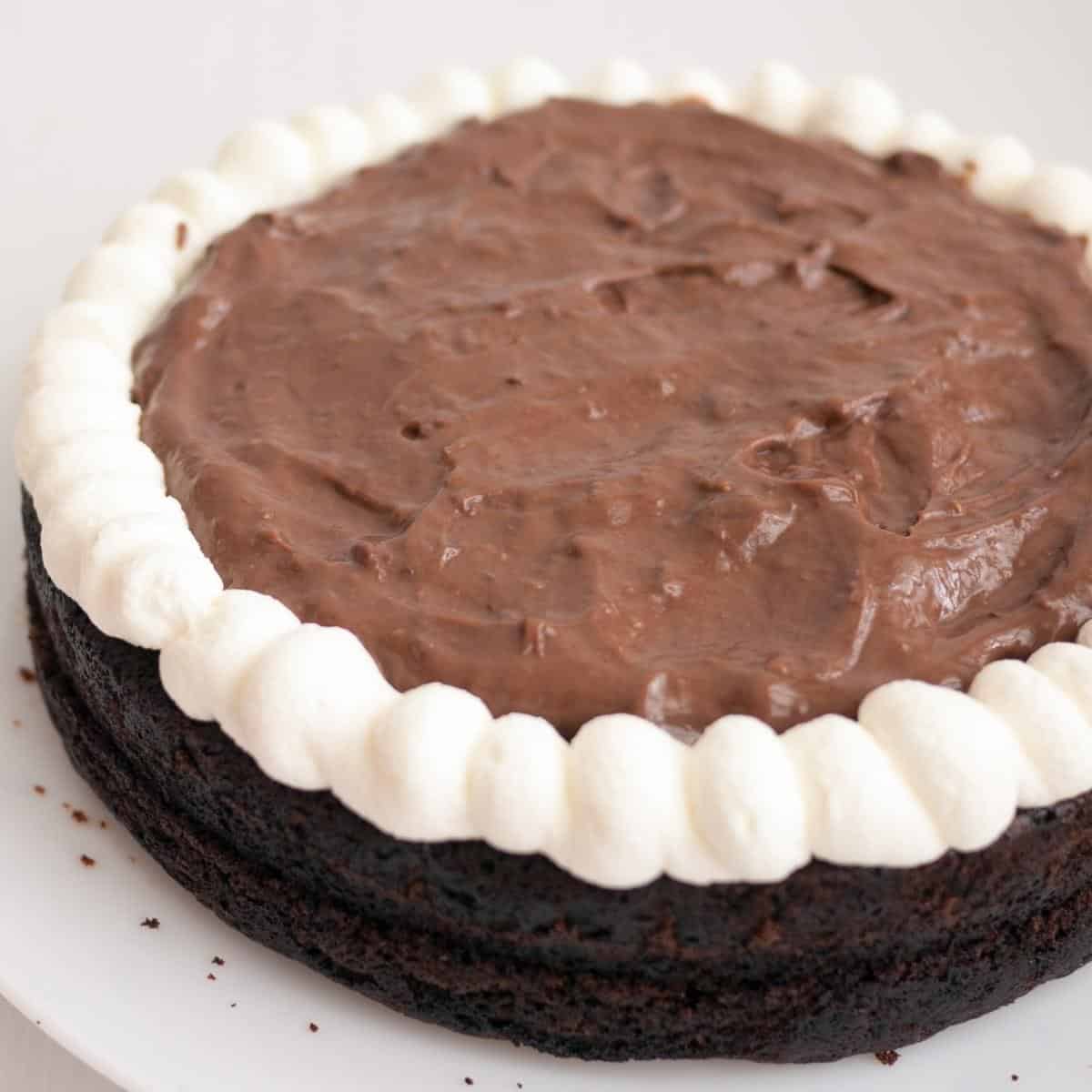 A chocolate layer filled with chocolate mousse.