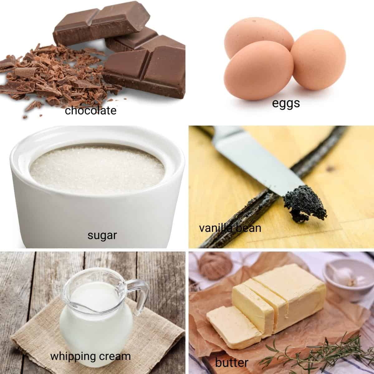 Ingredients shot collage for chocolate mousse.