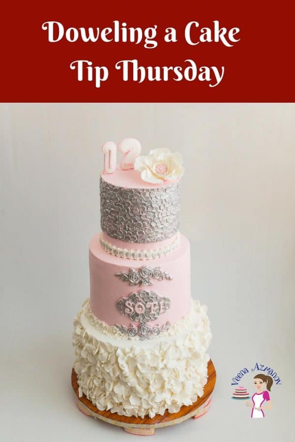An image optimized for social media share on how to dowel a cake for cake decorating purposes.