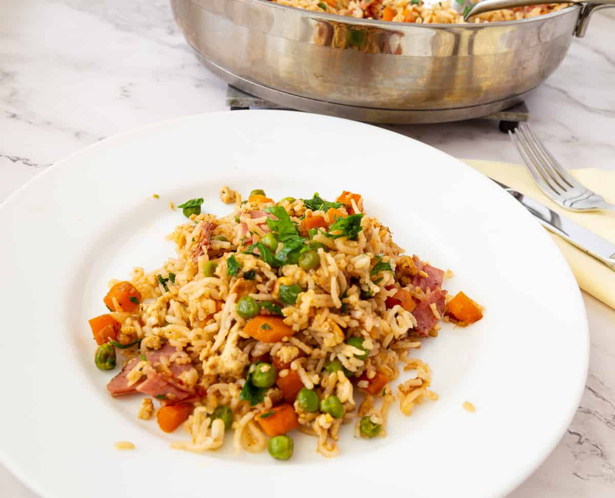 A plate with fried rice.