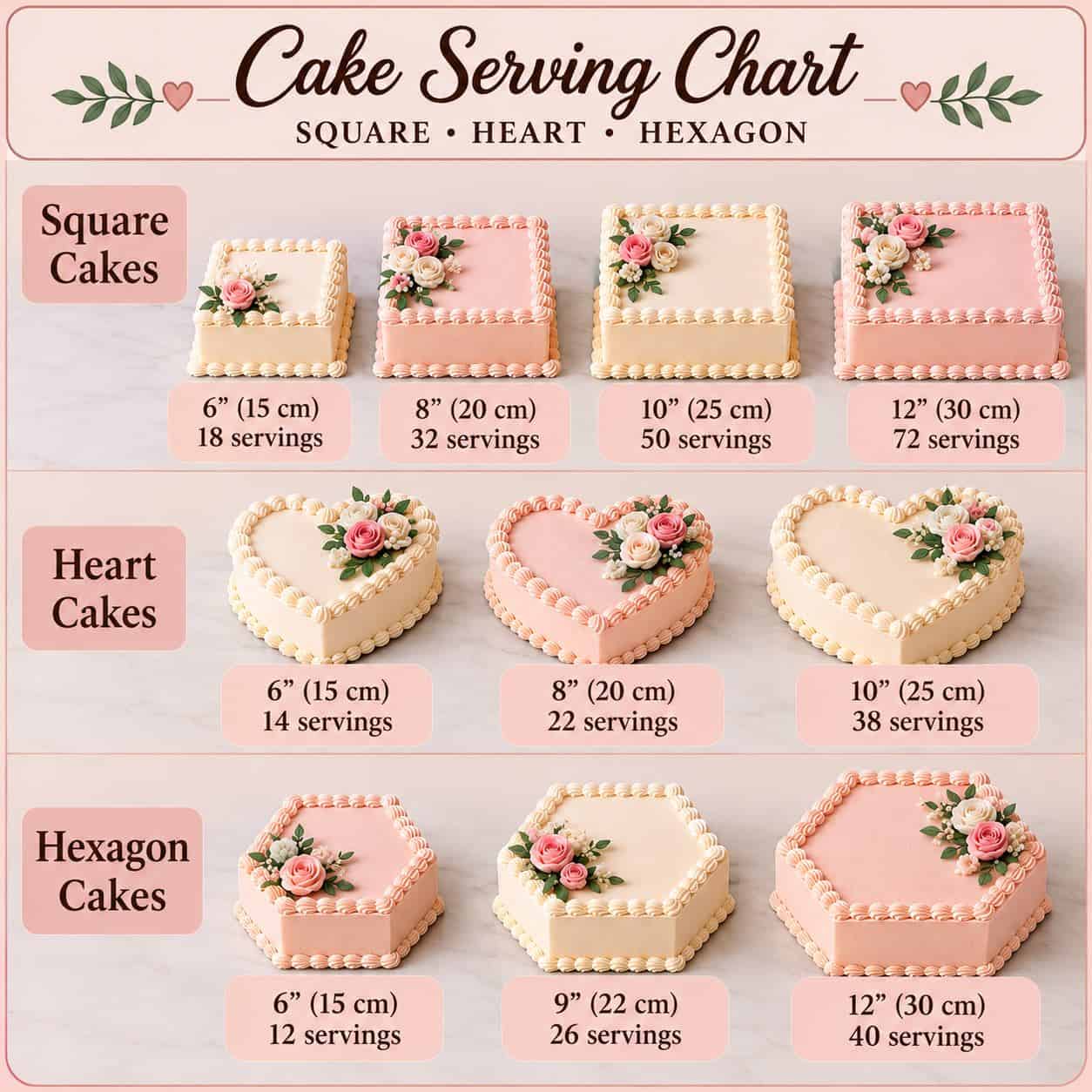 Image with cake serving chart for square heart and hexagon cakes.