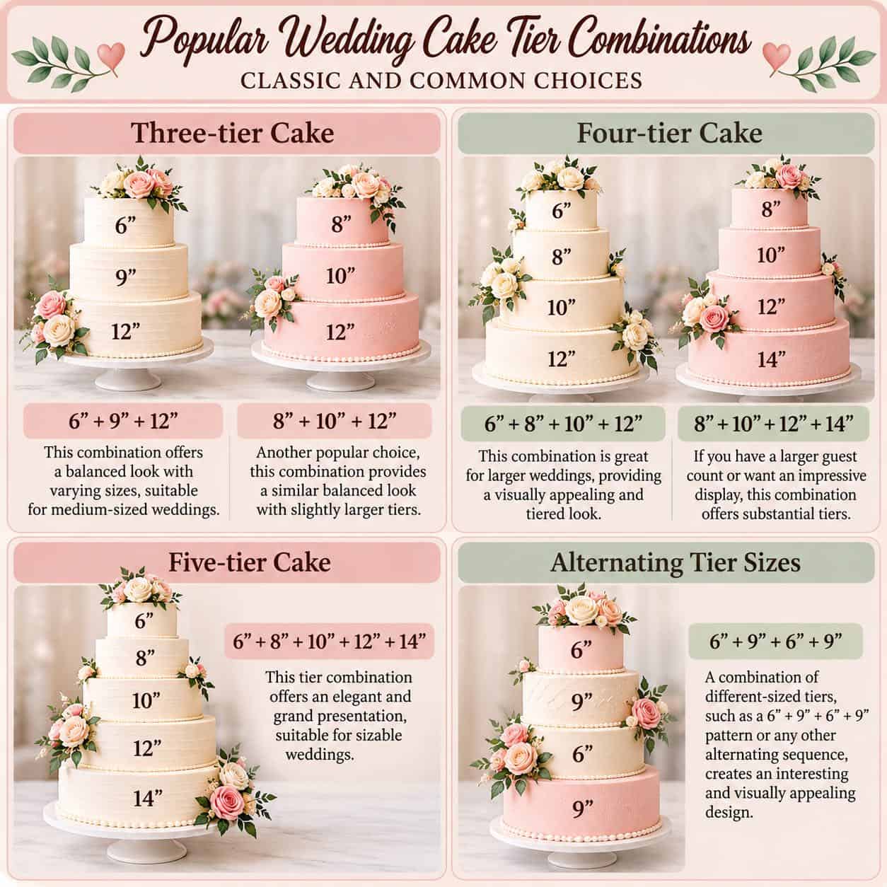 Popular wedding cake tier combation.