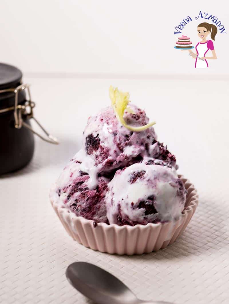 Blackberry ice cream in a ramekin.