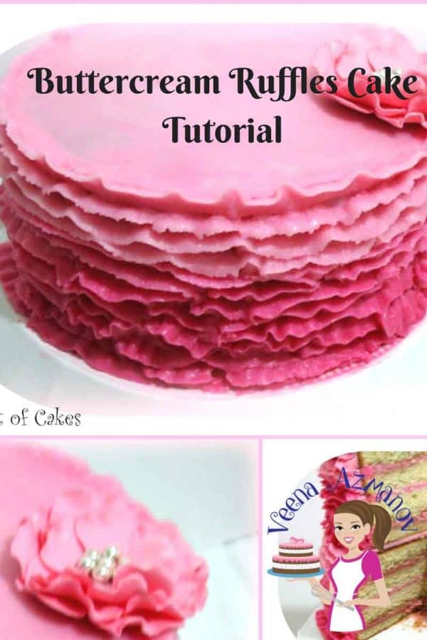 A cake decorated with pink buttercream ruffles.