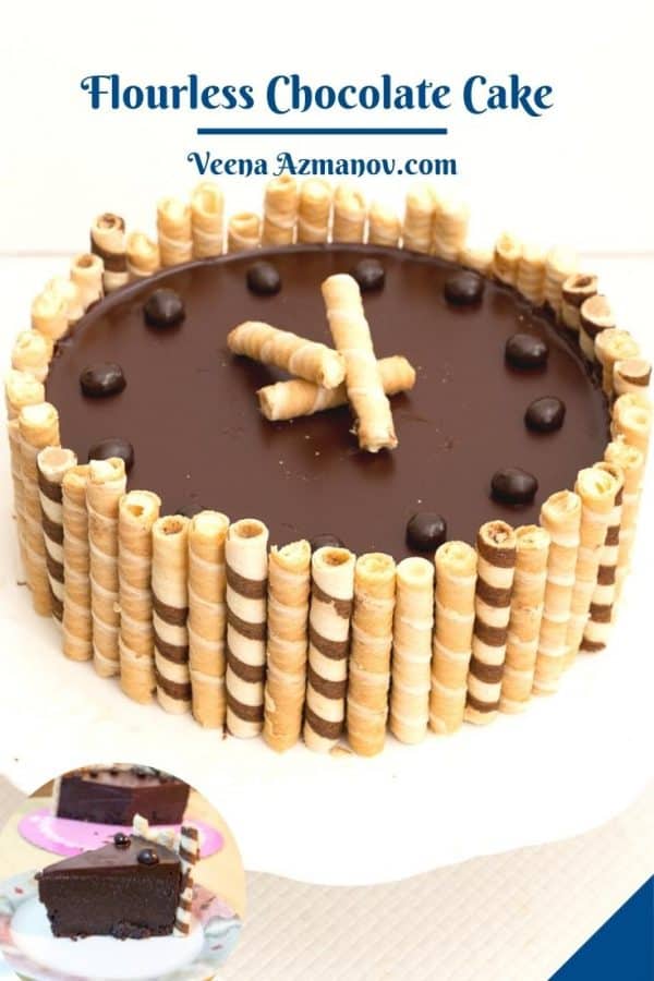 Pinterest image for flourless chocolate pecan cake.