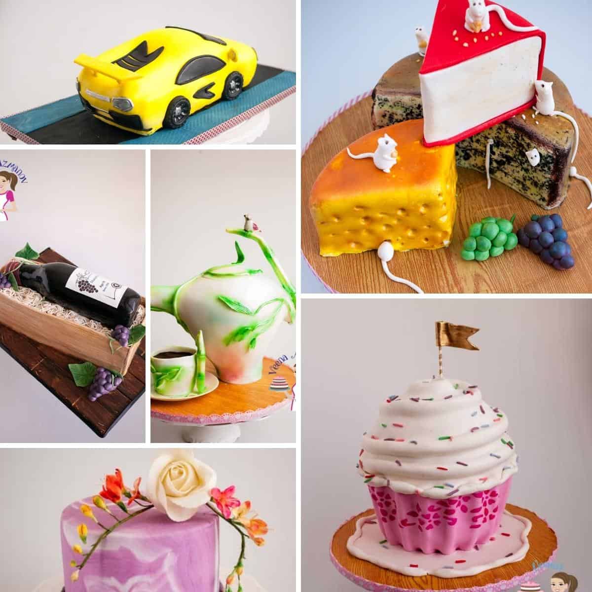 A collage of decorating cake using modeling chocolate.