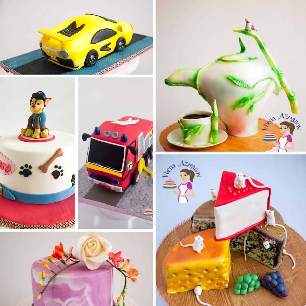 A collage with decorated cakes using modeling chocolate.