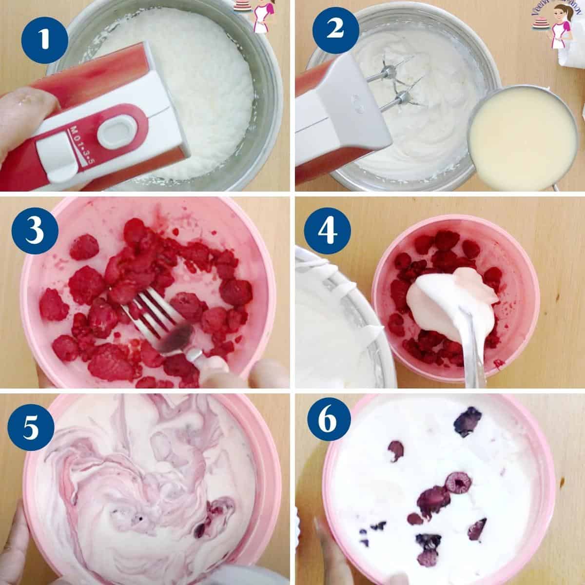 Progress pictures collage no churn raspberry ice cream.