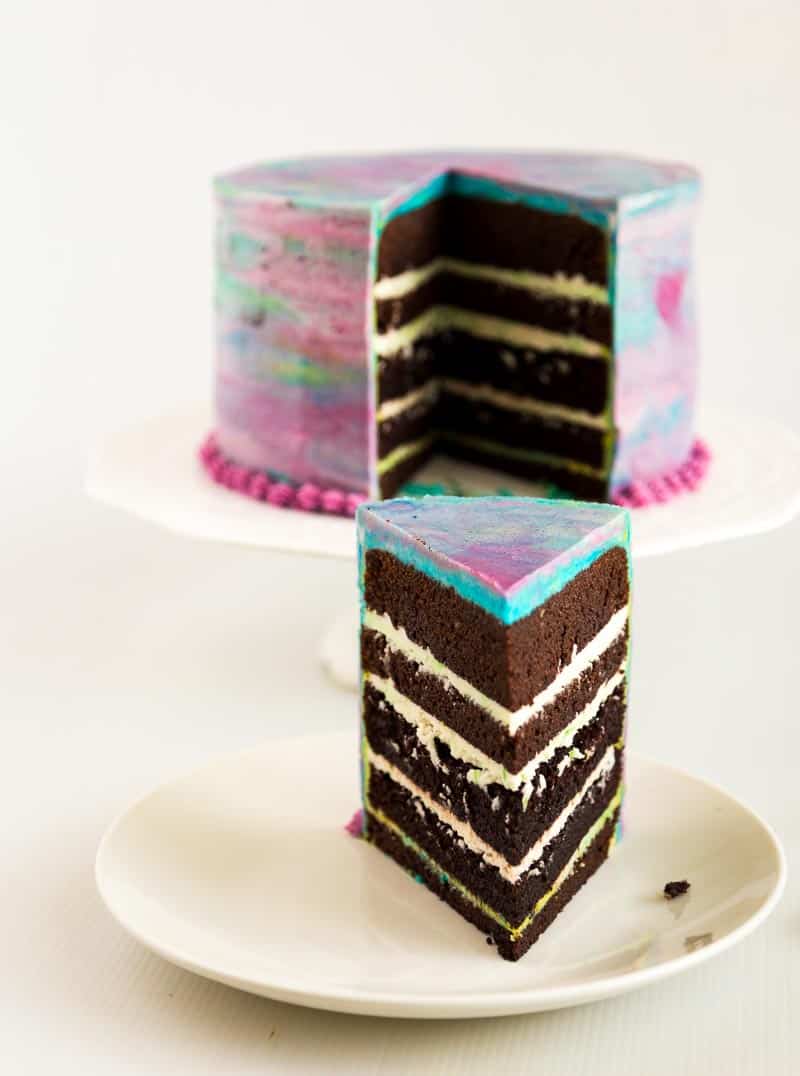 A slice of Chocolate cake on a plate.
