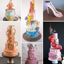 A collage with cakes decorated with luster dust.
