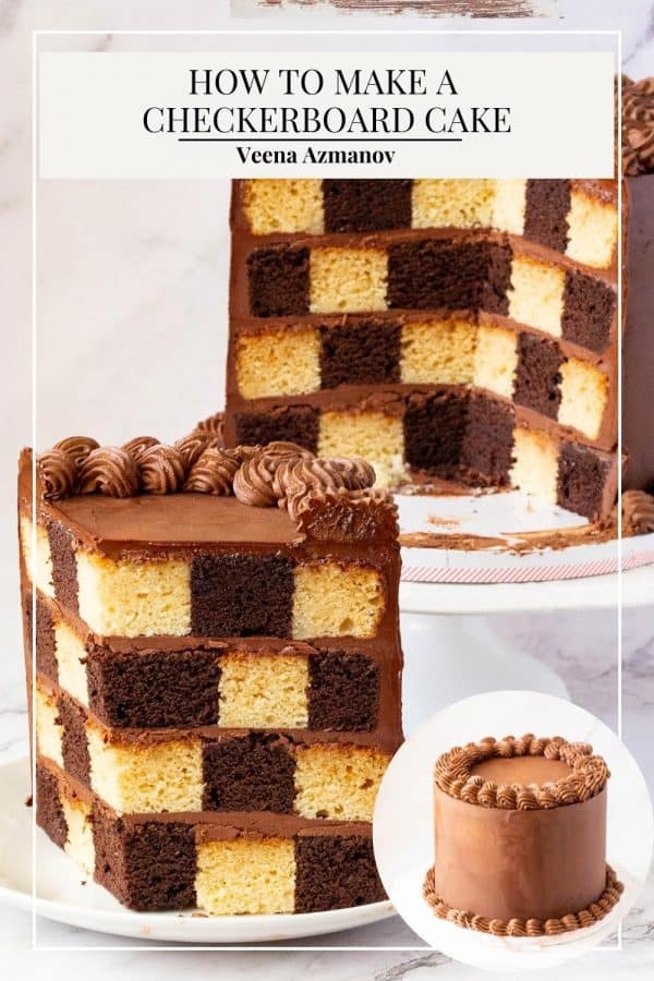 Pinterest image for cake with checkerboard effect.