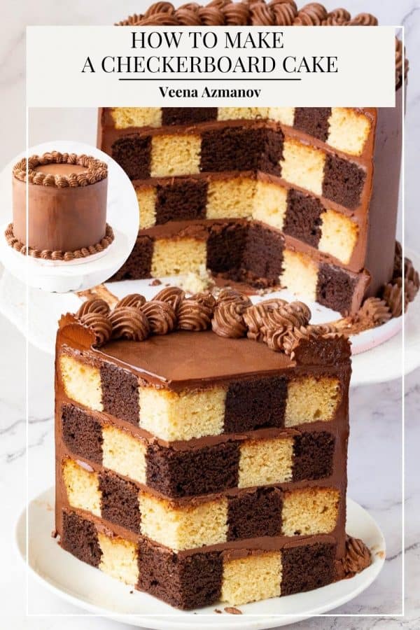 Pinterest image for cake with checkerboard effect.