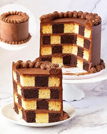 A layer cake with checkerboard effect on the table.