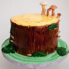 A block of wood with mushrooms made with modeling chocolate.