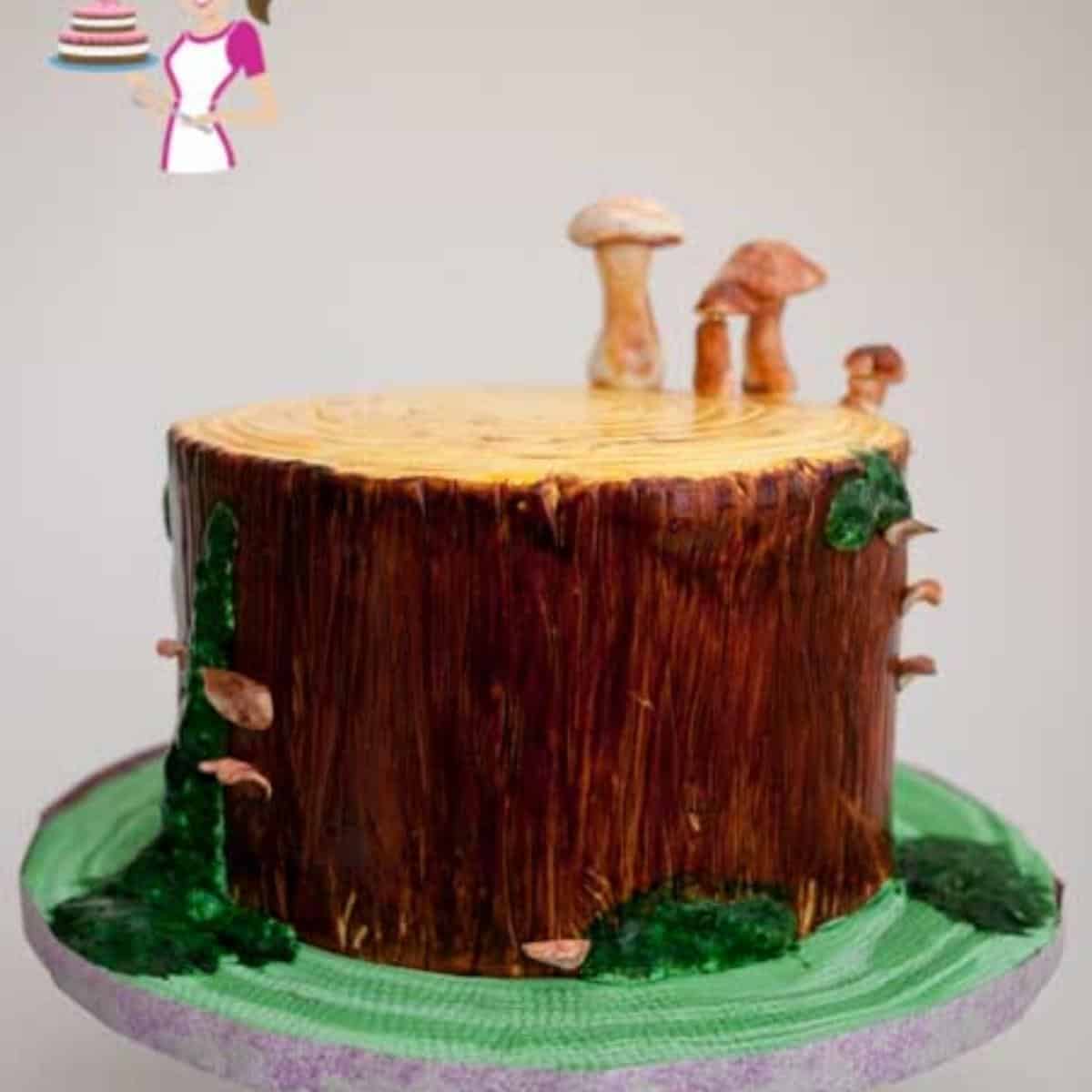 A block of wood cake with mushrooms