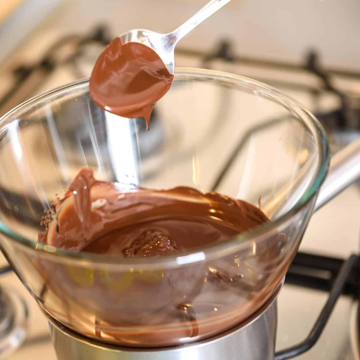Melting chocolate in the double boiler.